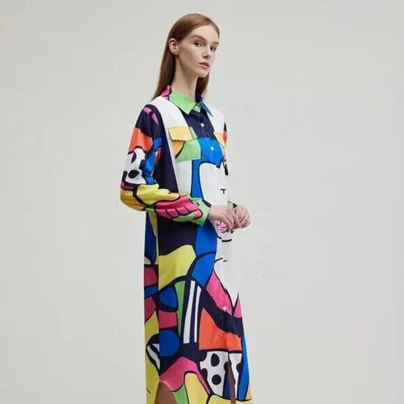 Art Decor Geometric Button Down Straight Fit Long Dress - Picture 8 of 10